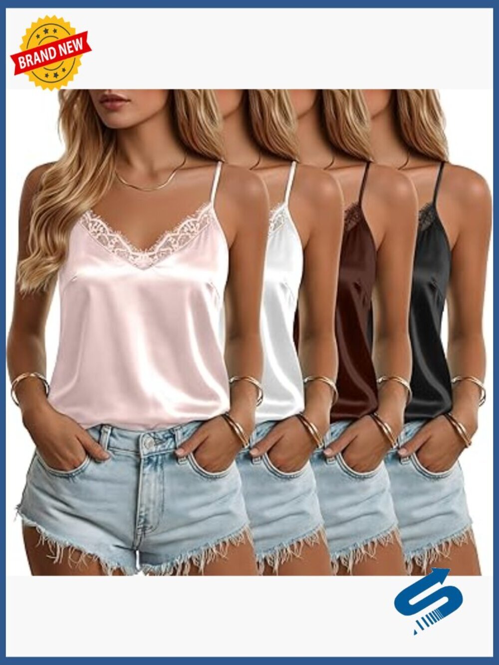 Women's Satin Lace Camisole Tank Top V Neck Spaghetti Strap Loose Fit Pajama